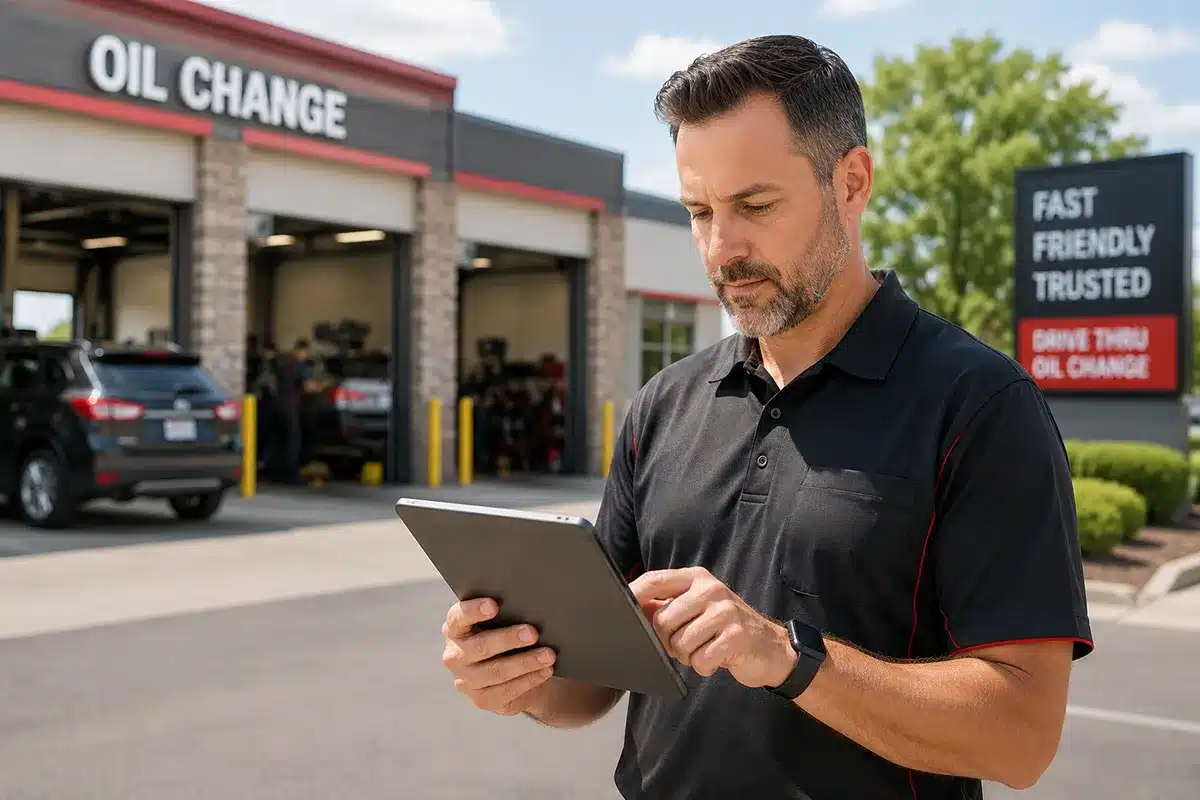three technicians reviewing clipboard in quick lube shop