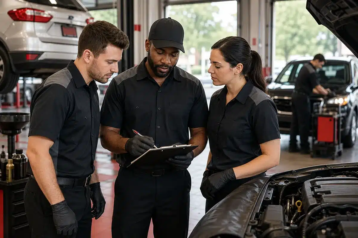 three technicians reviewing clipboard in quick lube shop