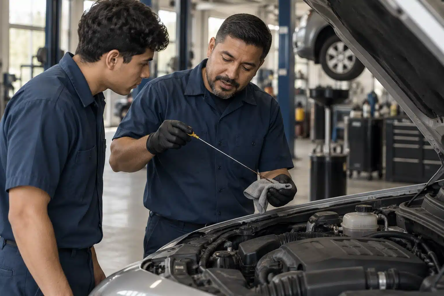 three technicians reviewing clipboard in quick lube shop